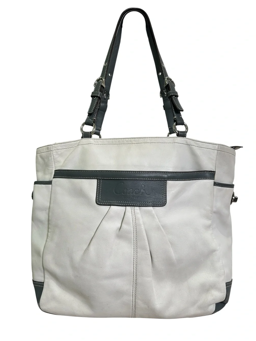 Coach Y2K Off-White/Ivory & Gray Soho Large Pleated Gallery Tote Bag